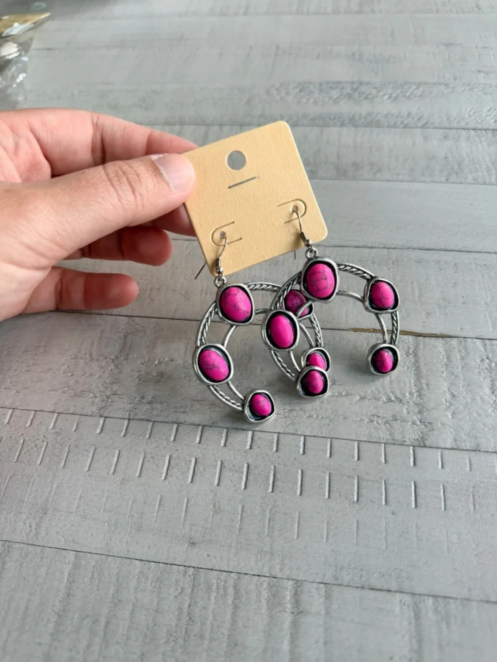 Western Fashion Pink Stone Silver-Tone Dangle Earrings